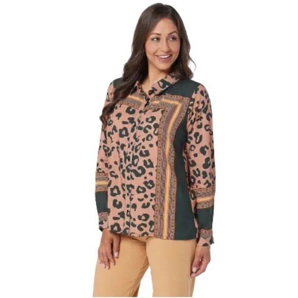 Tolani Collection Button Front Printed Top Tan Safari,Medium - Picture 1 of 1
